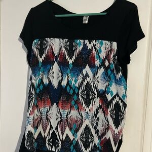 Honey and Lace Blue and Black Graphic Cap Sleeve Blouse